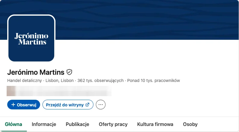 Główny profil Jeronimo Martins na LinkedInie