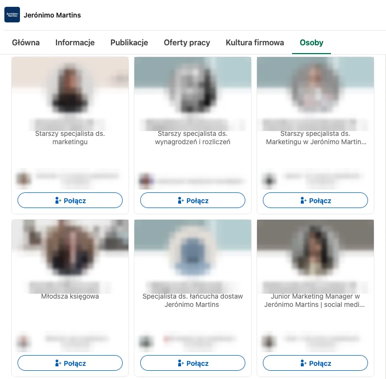 Zakładka Osoby na profilu Jeronimo Martins na LinkedInie