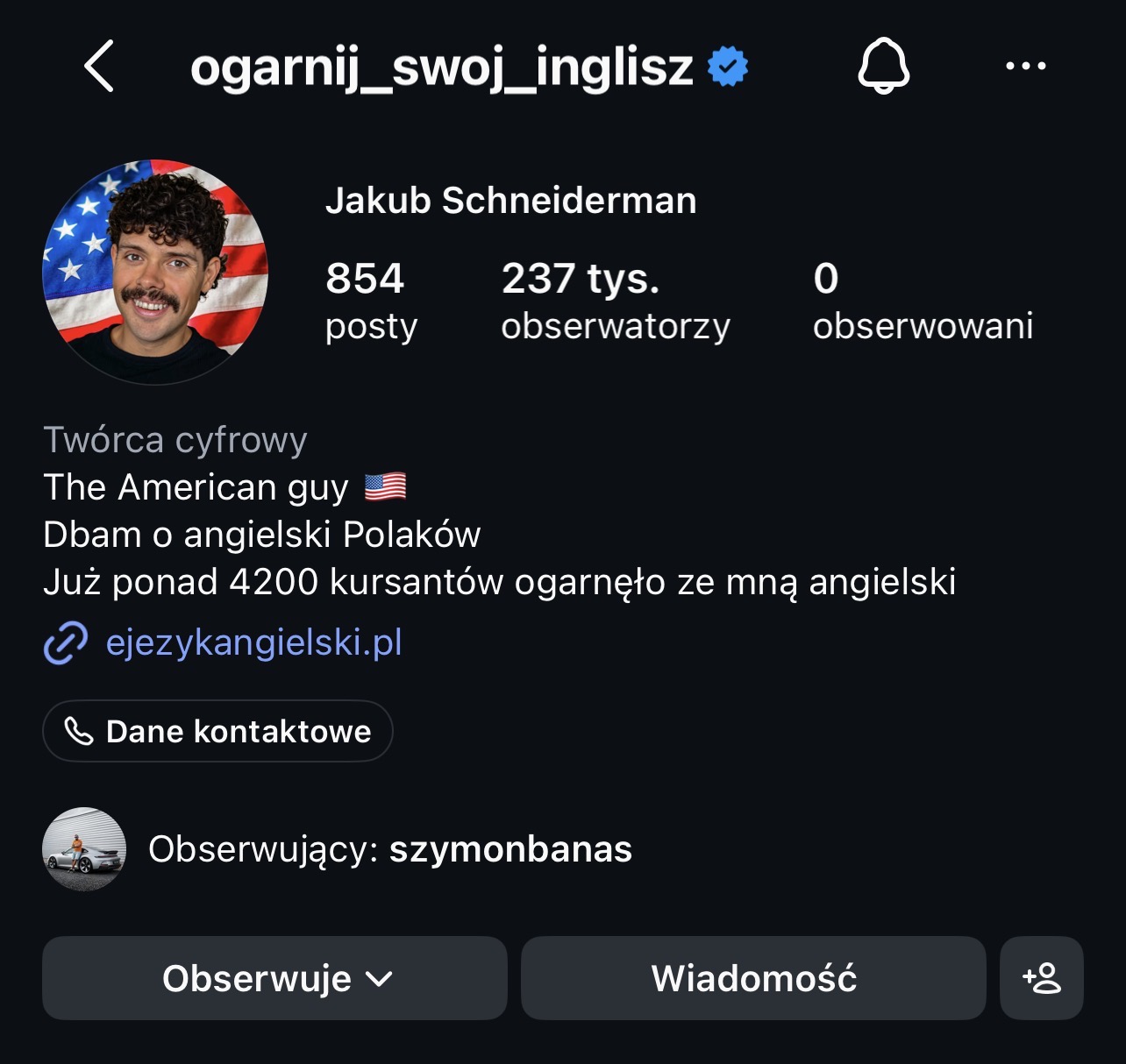 Profil Jakuba Schneidermana na Instagramie, 237 tys. obserwujących