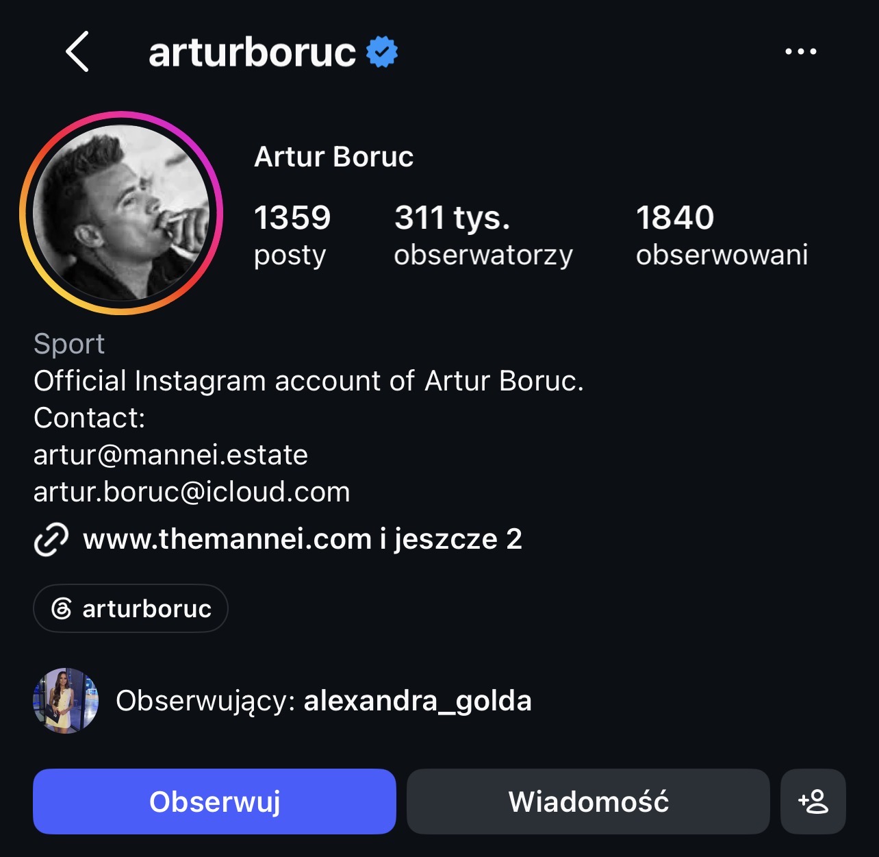 Profil Artura Boruca na Instagramie, 311 tys. obserwujących