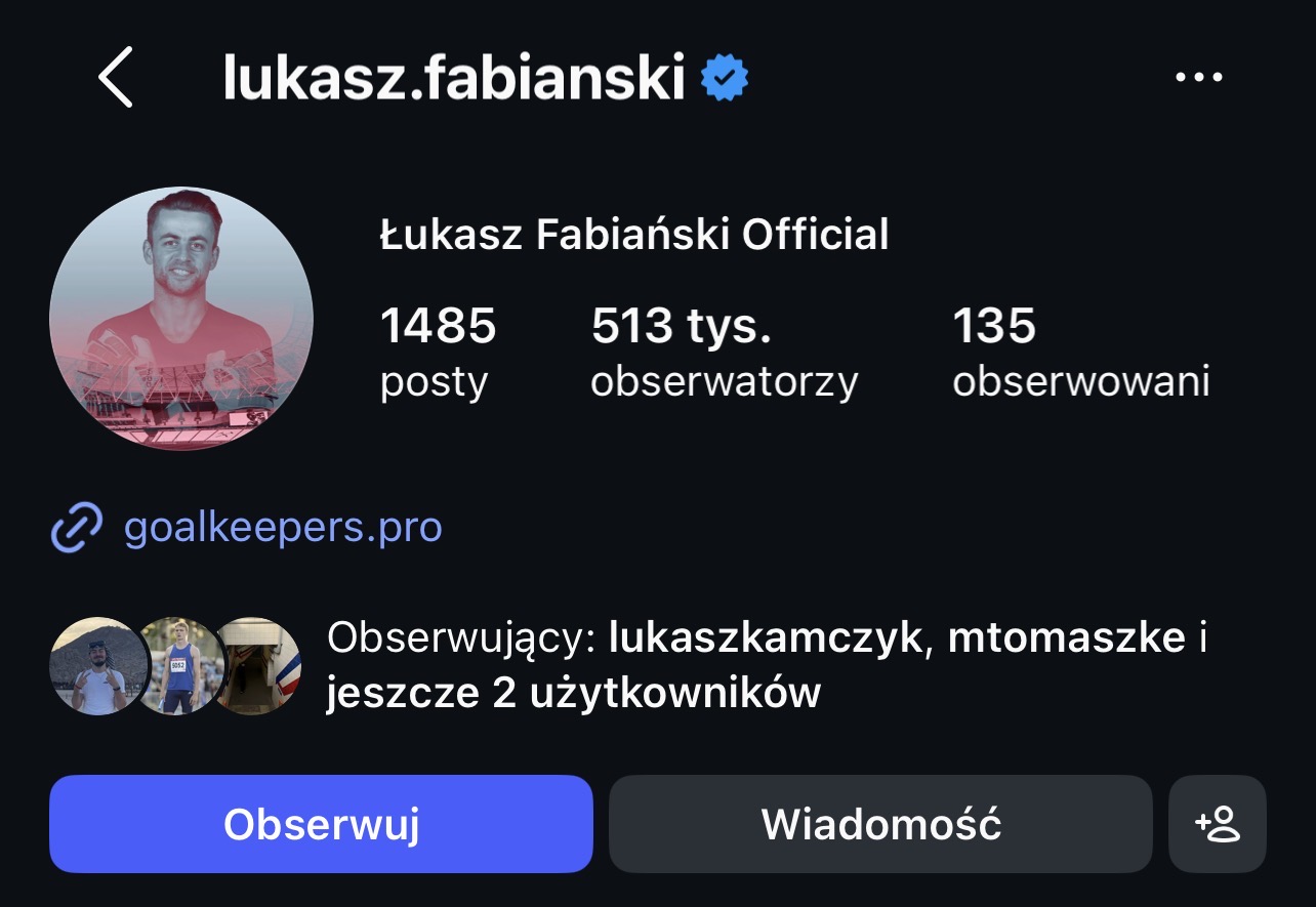 Profil Łukasza Fabiańskiego na Instagramie, 513 tys. obserwujących