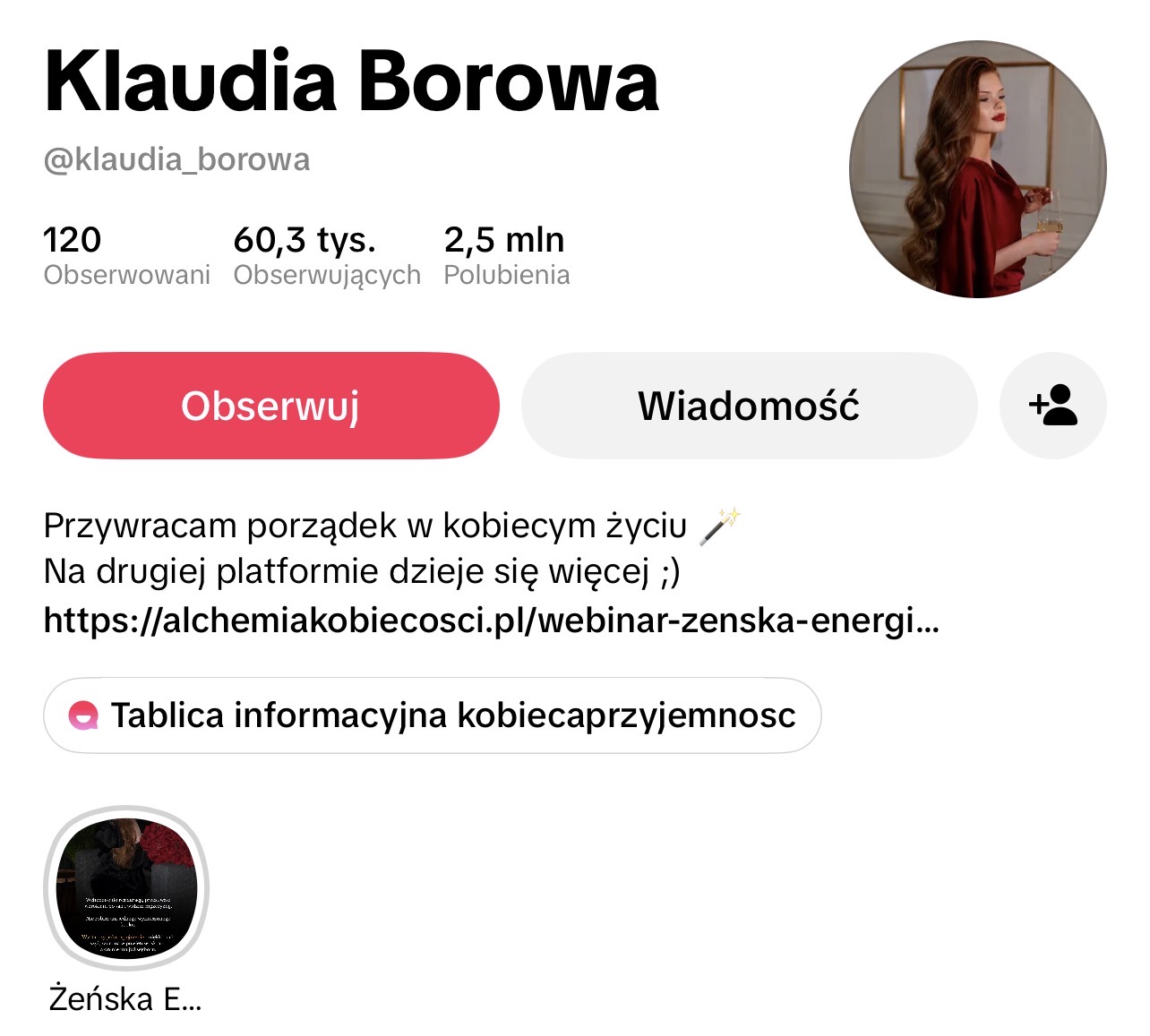 Profil Klaudii Borowej na TikToku, 60,3 tys. obserwujących