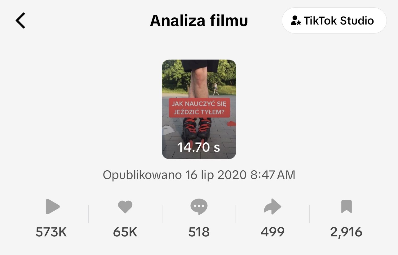 Statystyki pierwszego filmu Beniamina Spyry na TikToku z 16 lipca 2020 r.: 573 tys. wyświetleń