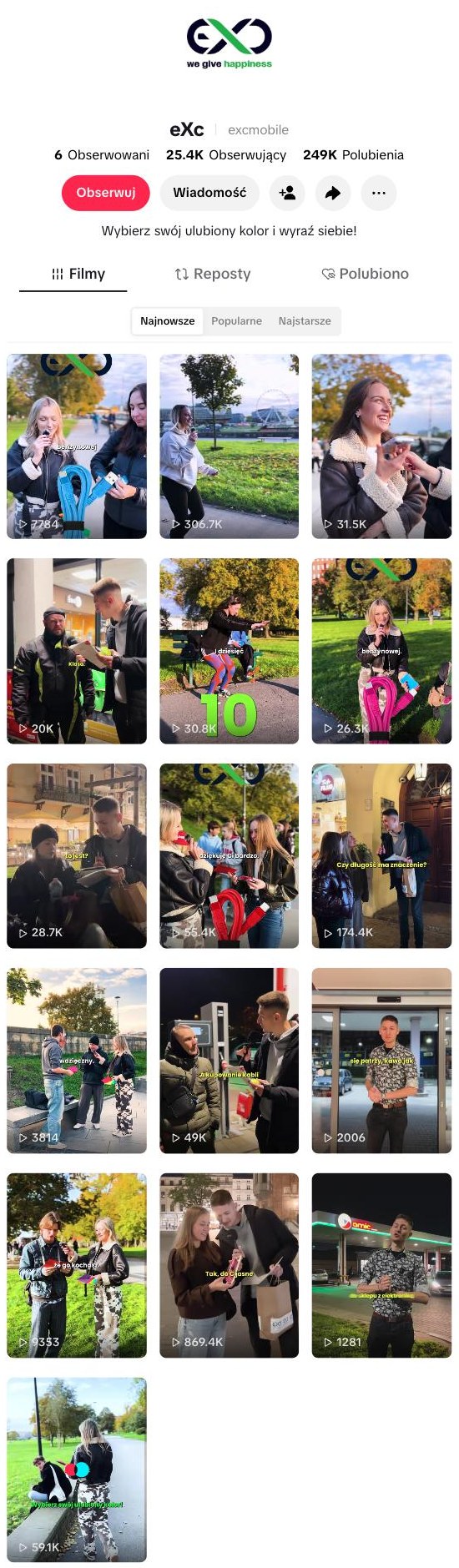 Profil eXc (@excmobile) na TikToku: 25,4 tys. obserwujących, 249 tys. polubień i lista filmów z liczbą wyświetleń